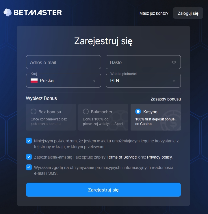 Zarejestruj się w kasynie online Betmaster